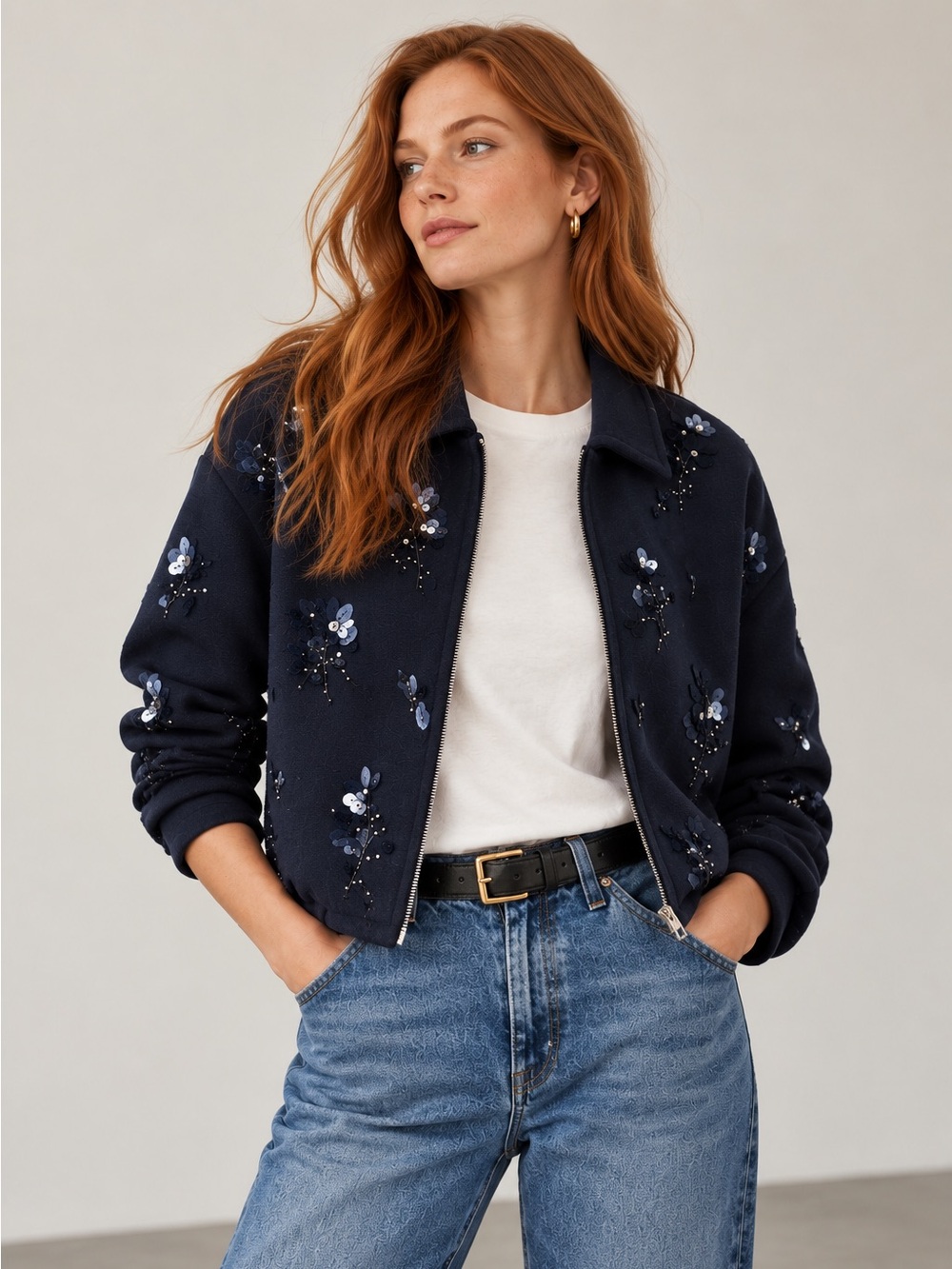 NEW! J. Crew Embellished bomber jacket in heritage fleece Navy Size Medium